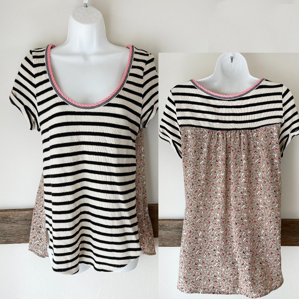 Anthropologie Black and White Striped Top with Floral Back